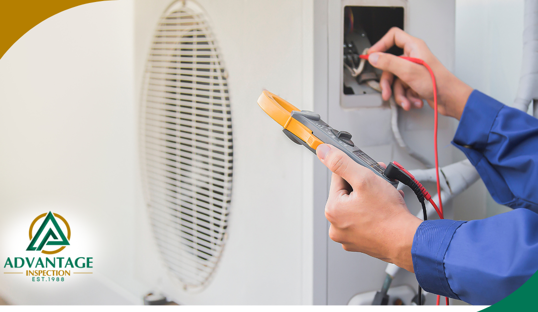 Technician using a multimeter to inspect the electrical components of an HVAC system.