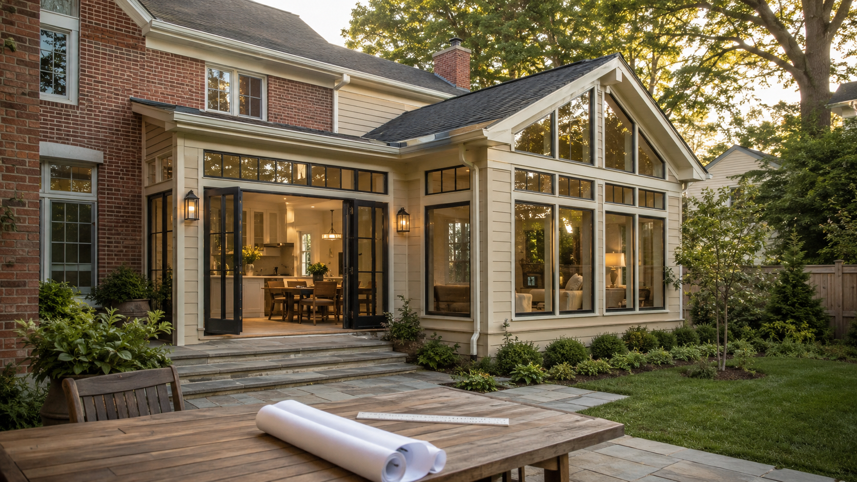 Completed architect-designed rear home addition with large windows, timeless materials, and an outdoor patio.