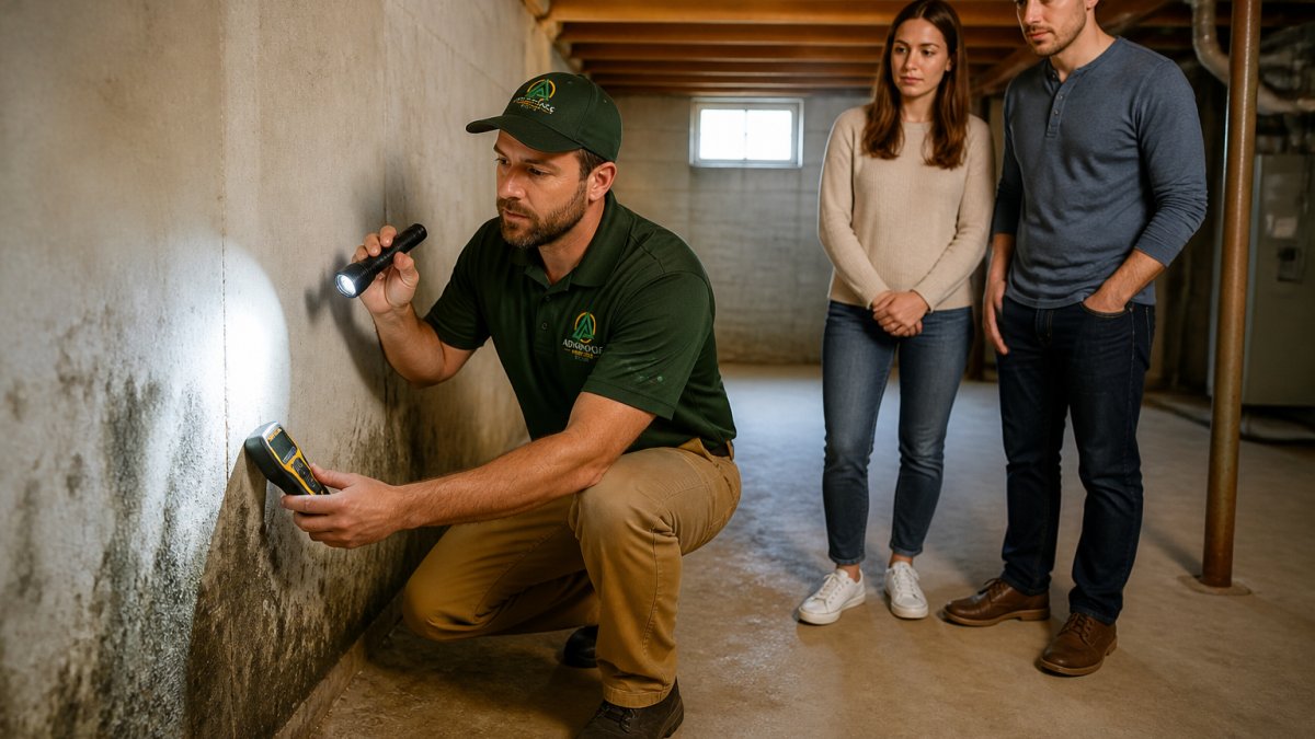 A home inspector in a flashlight-lit basement crouching near a wall with a moisture meter, pointing out dark discoloration to a couple of buyers standing behind him