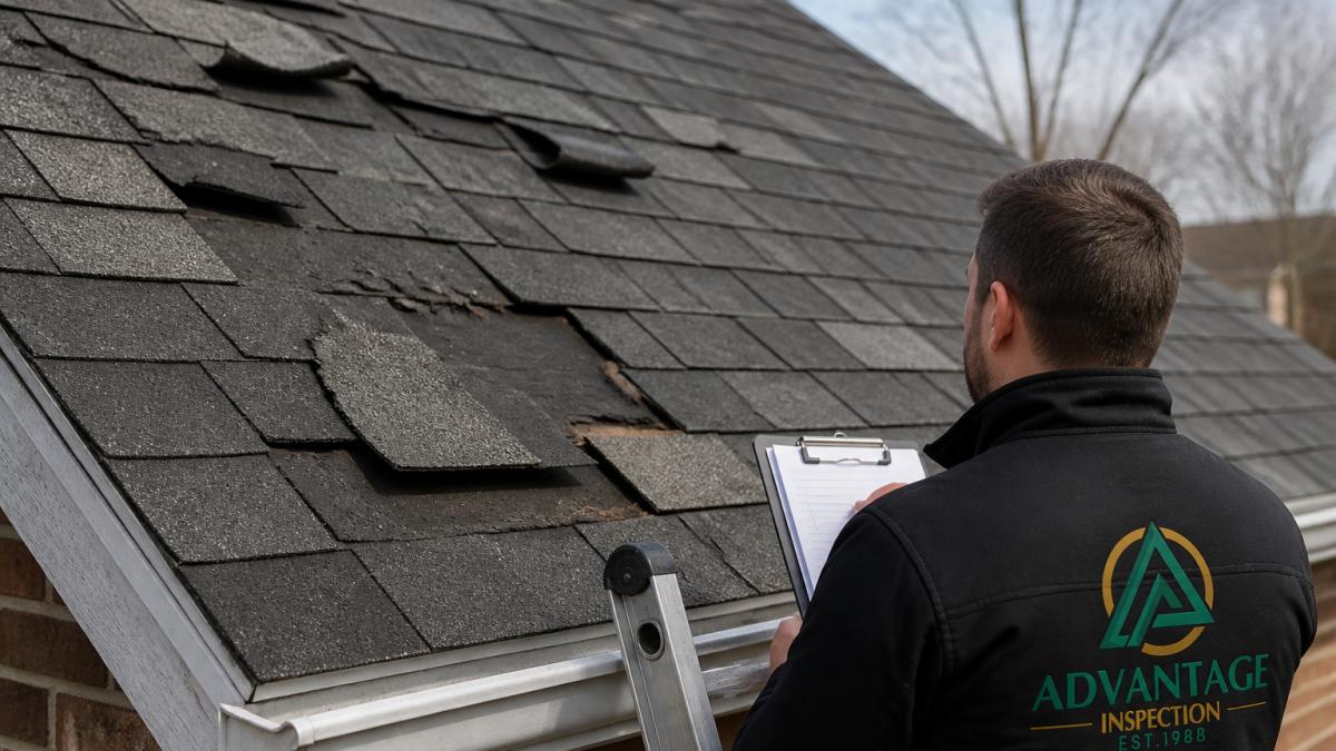 Asphalt roof shingles with curled, lifted edges and a bare patch indicating signs of roof damage.