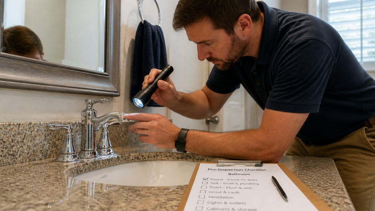 A homeowner in casual clothes checking a bathroom faucet for leaks with a flashlight, a clipboard with a handwritten checklist resting on the counter beside the sink